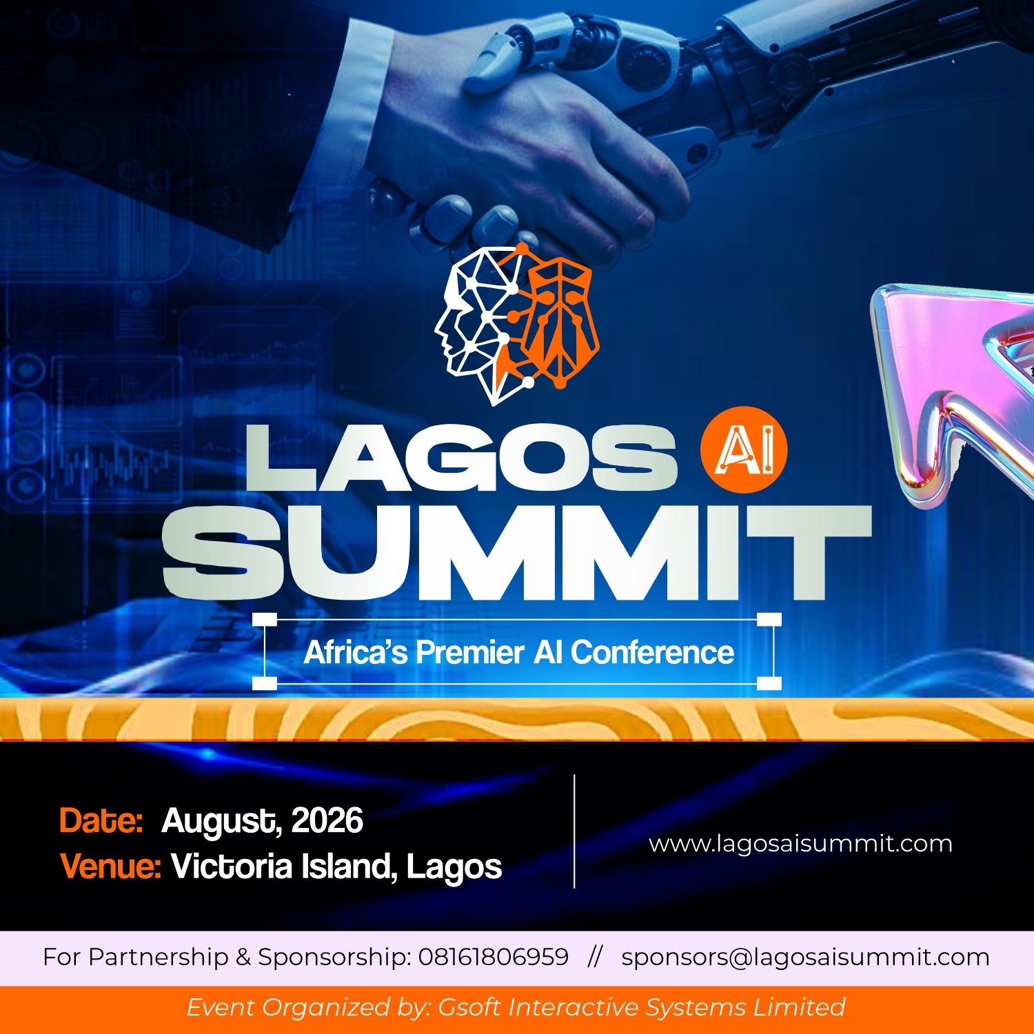 Lagos AI Summit 2026 official flier — Where Africa's AI Future Is Built. Monday 23 November 2026, Oriental Hotel, Victoria Island, Lagos. Organised by Gsoft Interactive Systems Ltd.