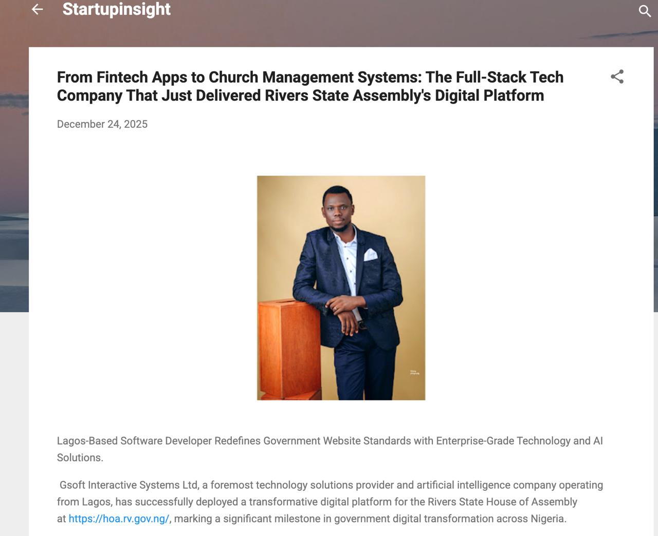 StartupInsights article: From Fintech Apps to Church Management Systems — The Full-Stack Tech Company That Just Delivered Rivers State Assembly's Digital Platform
