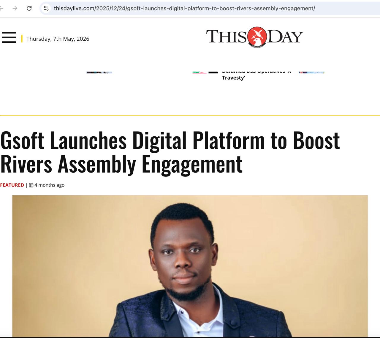 THISDAY newspaper headline: Gsoft Launches Digital Platform to Boost Rivers Assembly Engagement