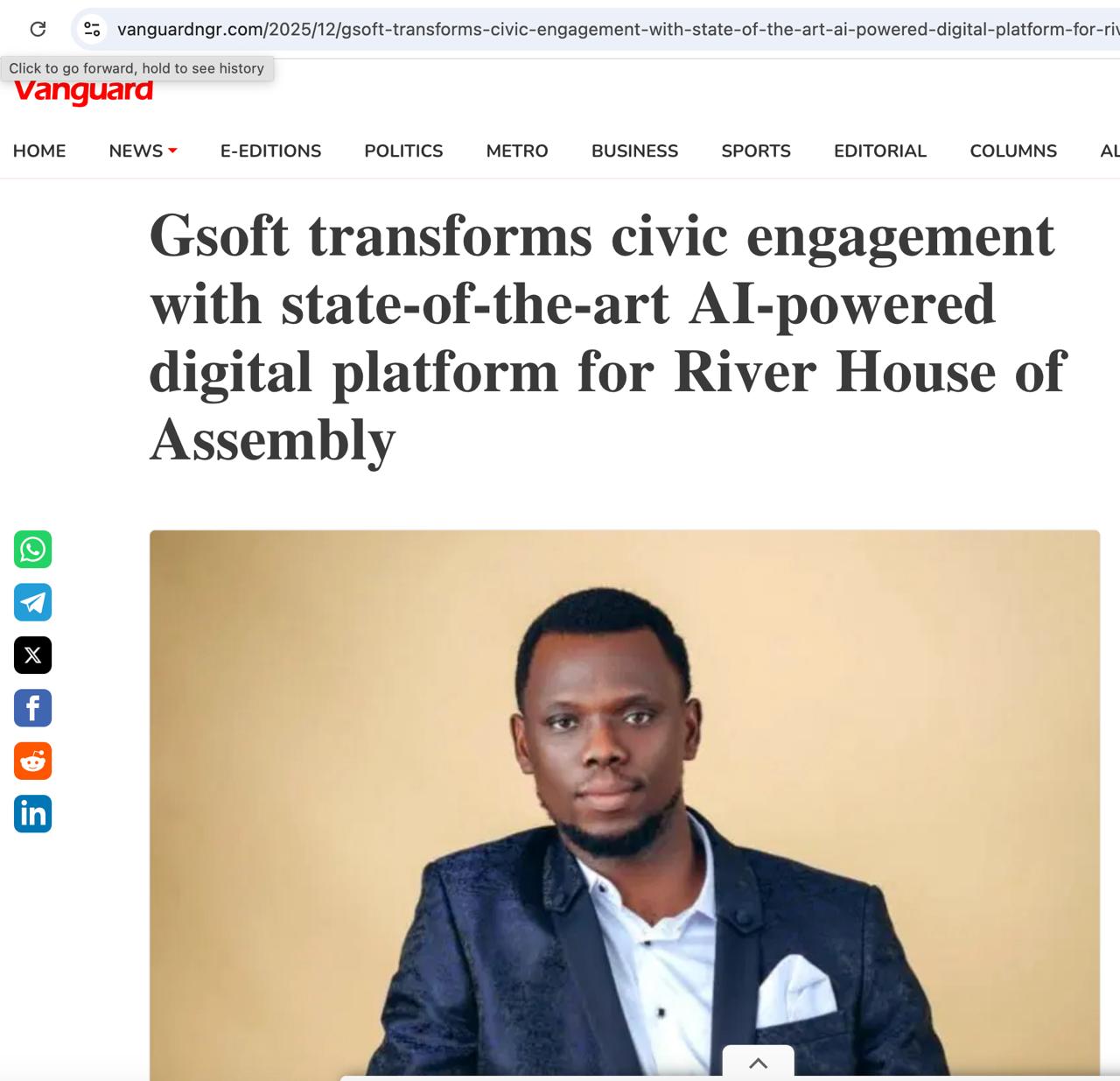 Vanguard newspaper article: Gsoft transforms civic engagement with state-of-the-art AI-powered digital platform for Rivers State House of Assembly