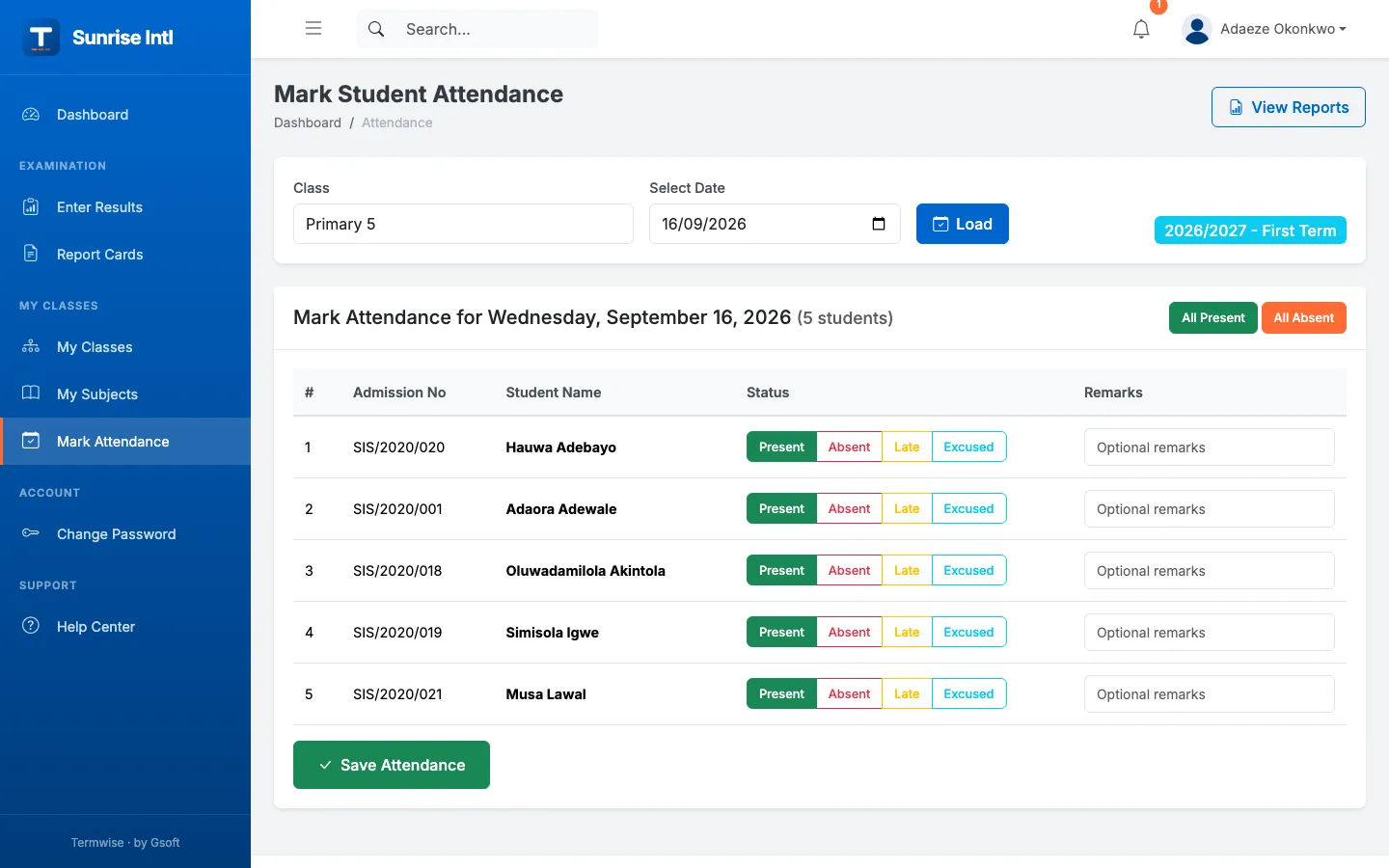 Termwise teacher portal marking daily student attendance for a class with present, absent, late and excused options