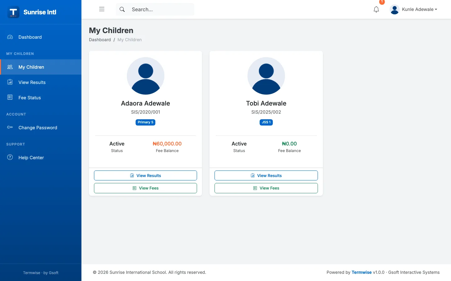 Termwise parent portal showing a parent's children with class, status, fee balance and buttons to view results and fees