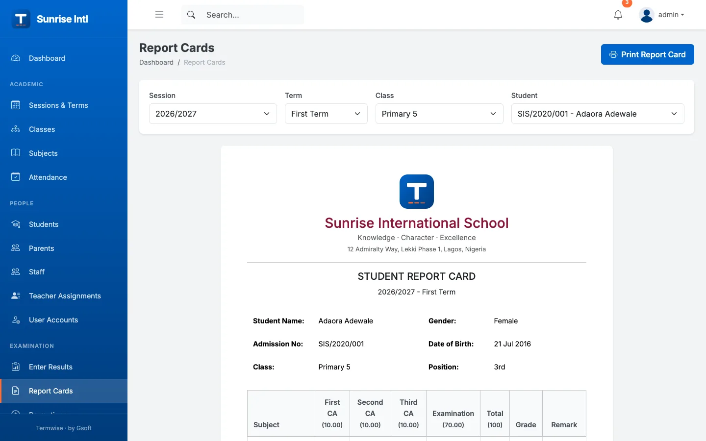 Termwise printable termly report card with per-subject scores, grades, class position and grading key