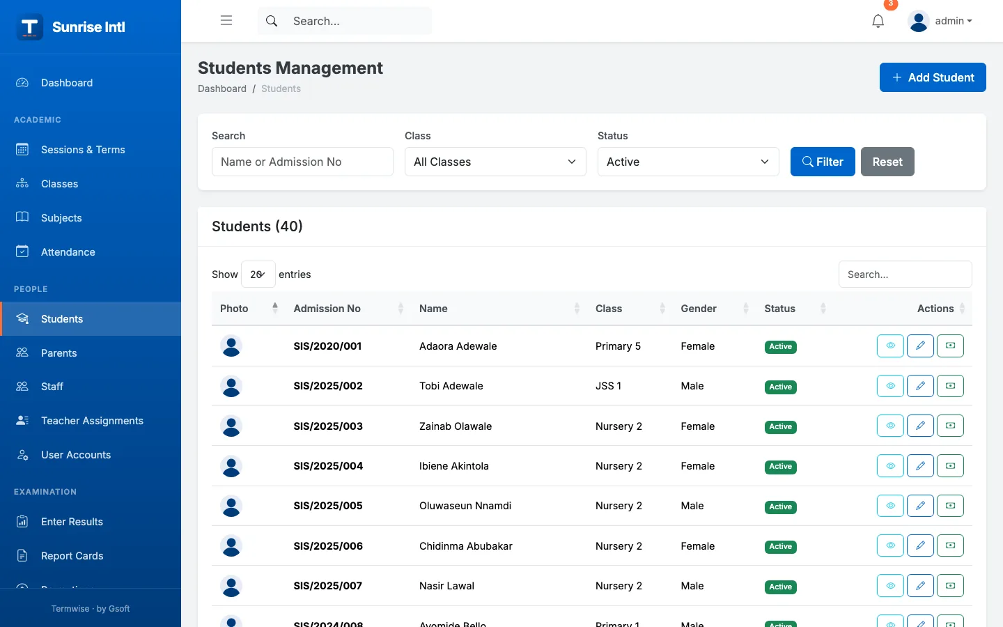 Termwise students list with admission numbers, classes, gender and status, filterable by class
